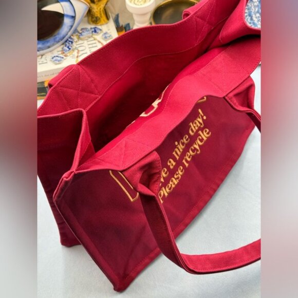 🆕 GANNI 🧿 NWOT Large Easy Shopper, Burgundy Cotton & Yellow Embroidery - Picture 9 of 12